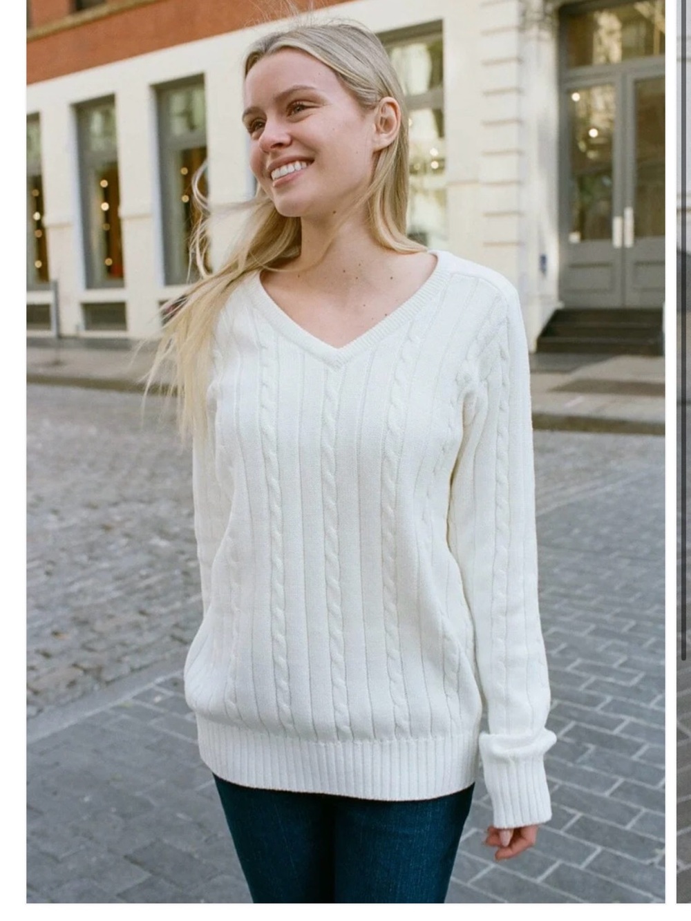 Brandy Melville Ida Cotton Cable Knit V-Neck Sweater – Ivory